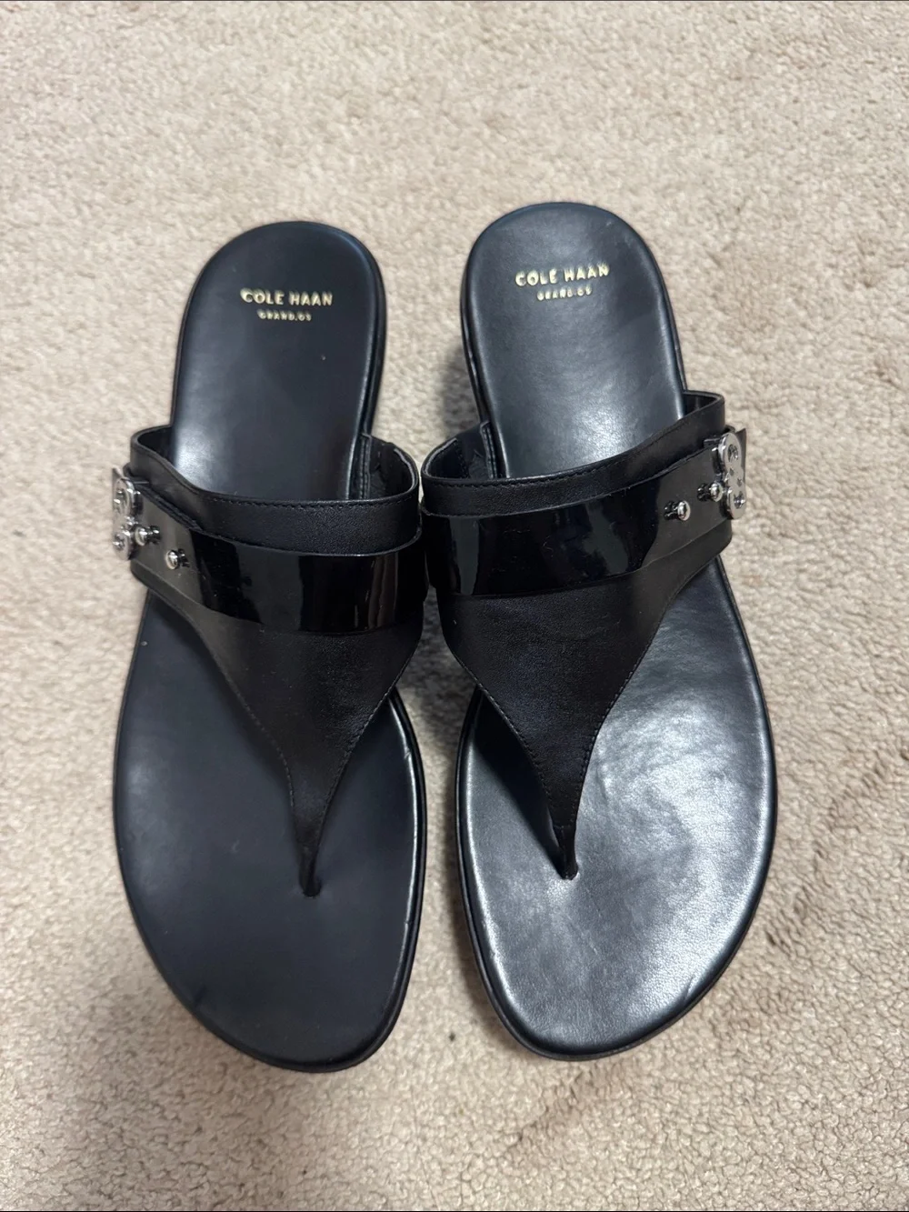 Cole Haan Black Patent Wedge Thong Sandals with Silver Accents